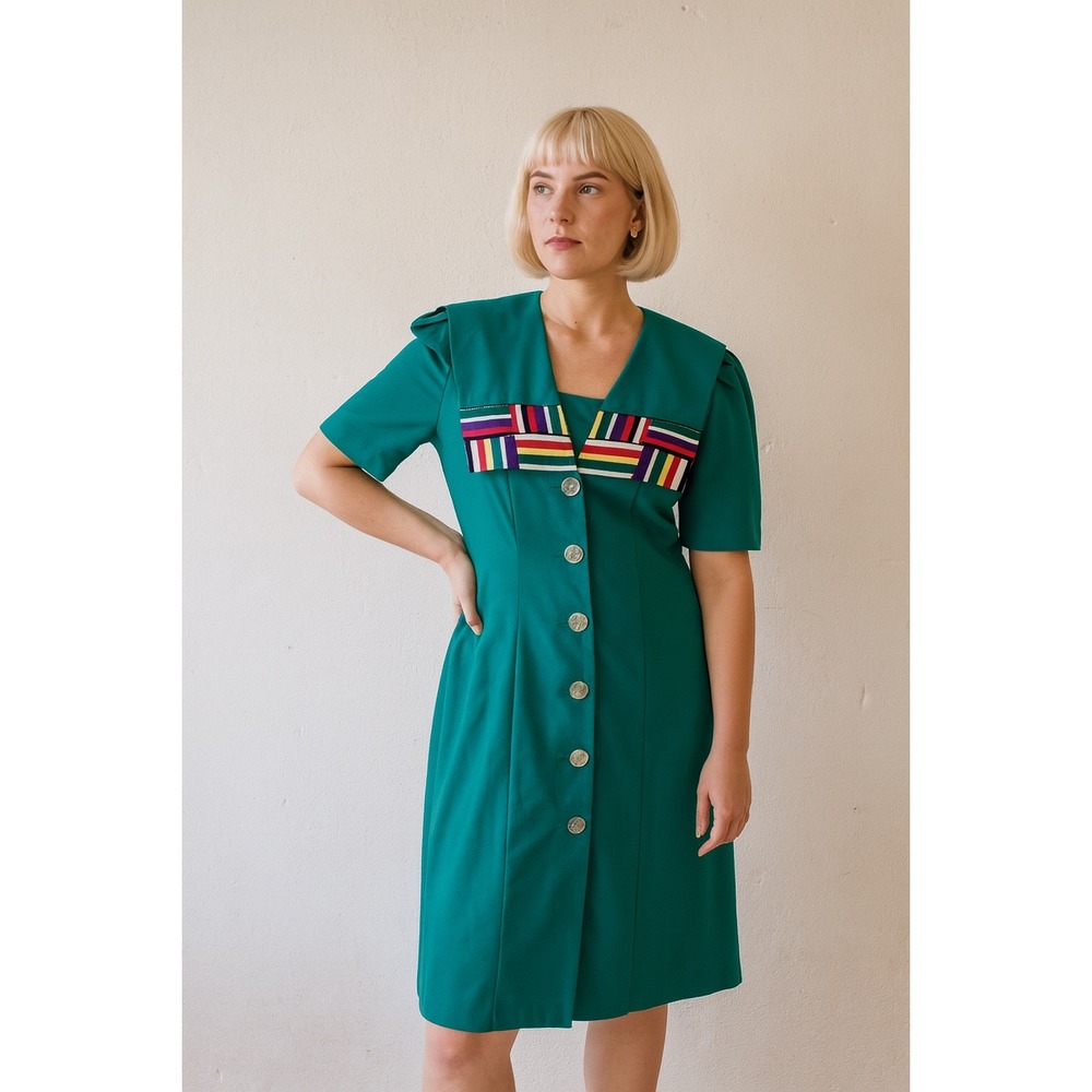 SL Fashions Midi Dress 90s Teal Multicolor Striped Vintage Size 16 Puff Sleeve